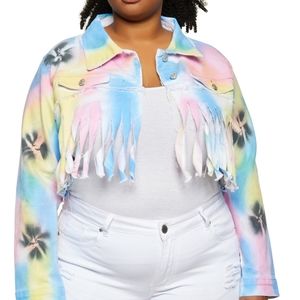 Tie Dye Fringe Denim Crop Jacket